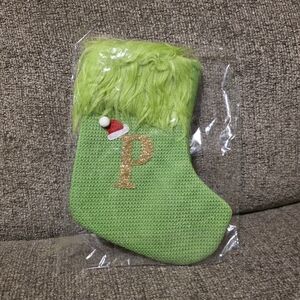 Green Fuzzy Cuffed Holiday Stocking with Gold 'P' Initial